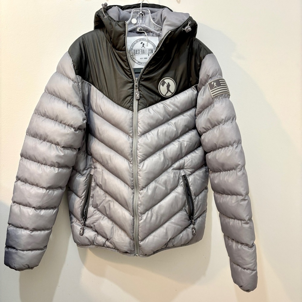 Baseballism‎ Men's Wagner Winter Jacket Puffer Gray Flagman Hooded Medium RARE